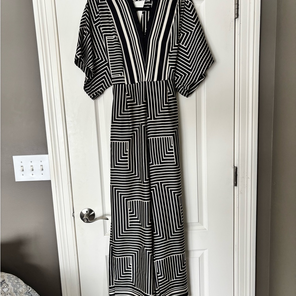MNG by Mango Black and White Geometric Pattern Jumpsuit